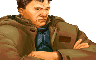 Kyle Katarn as he appears in the game, his face stern while listening to a briefing from Mon Mothma.