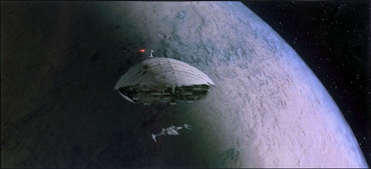 Photo of a Rebel transport flying away from the planet Hoth.
